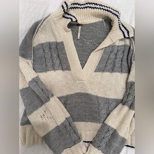 Free People Gray and Cream V-Neck Sweater